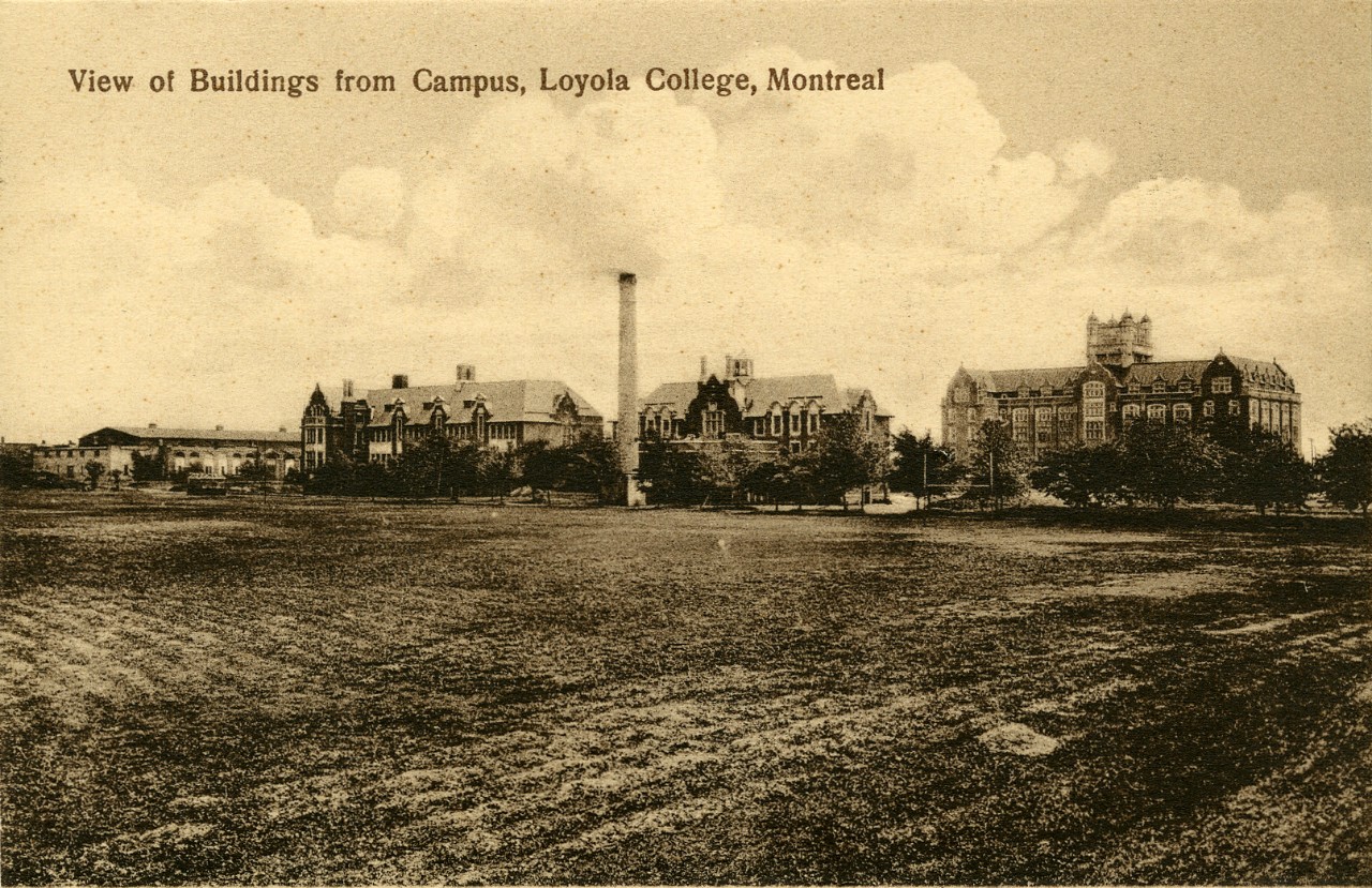 Old black and white photo of the view of buildings from Loyola campus
