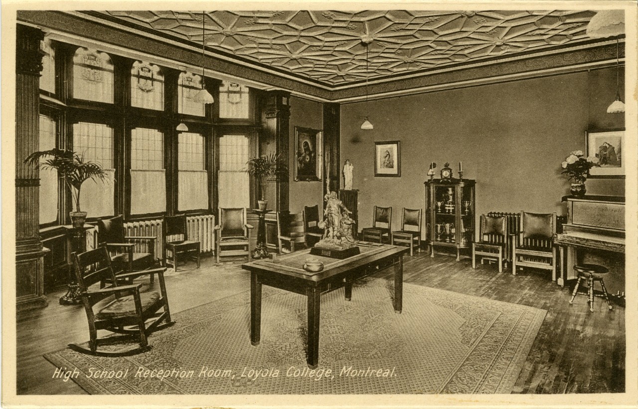Black and white image of the high school reception room in Loyola College