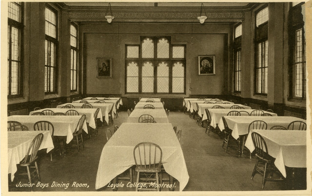 Old black and white photo of the Junior Boys Dining room on Loyola College
