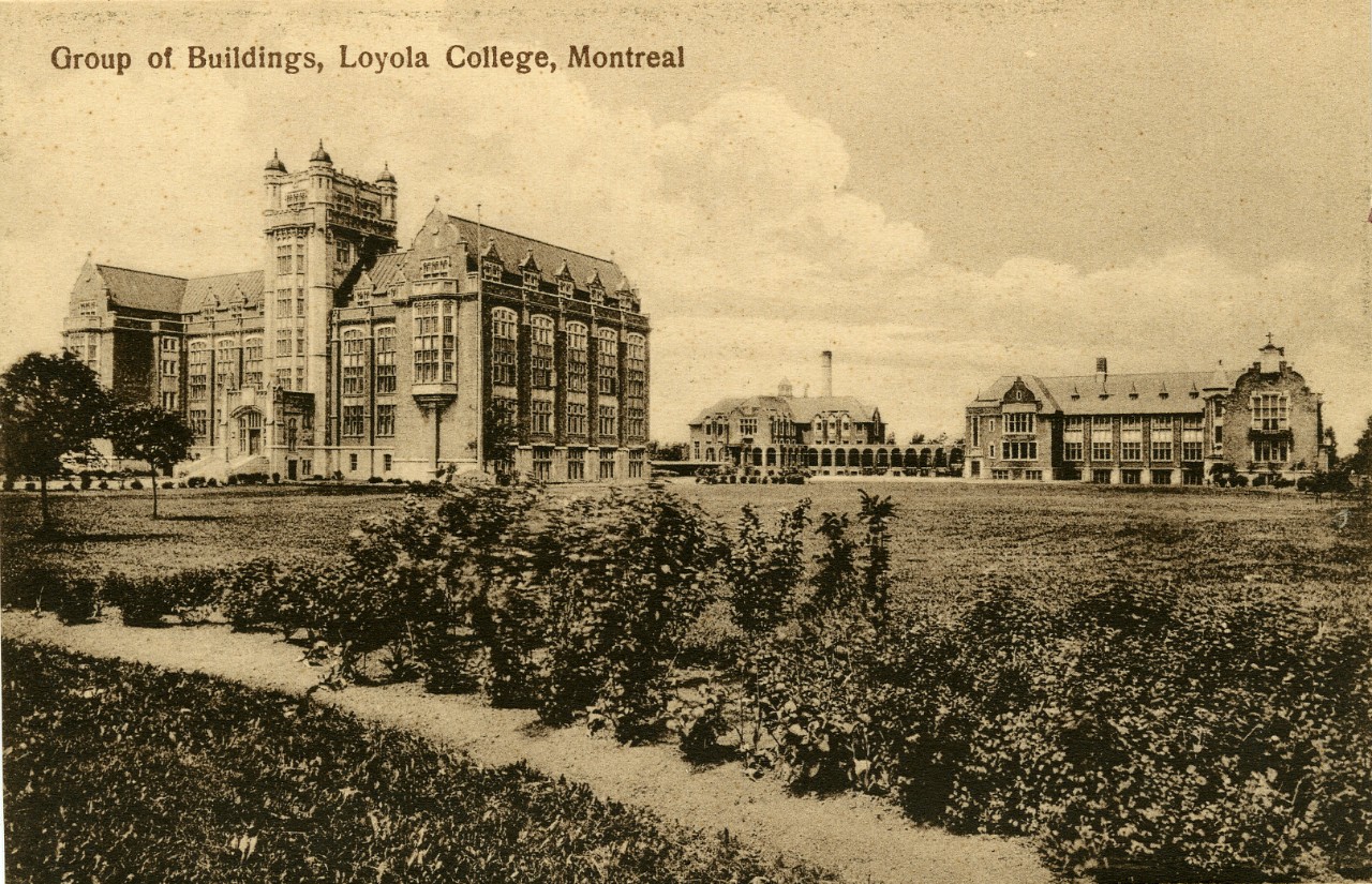 Old black and white photo of group of buildings at Loyola College