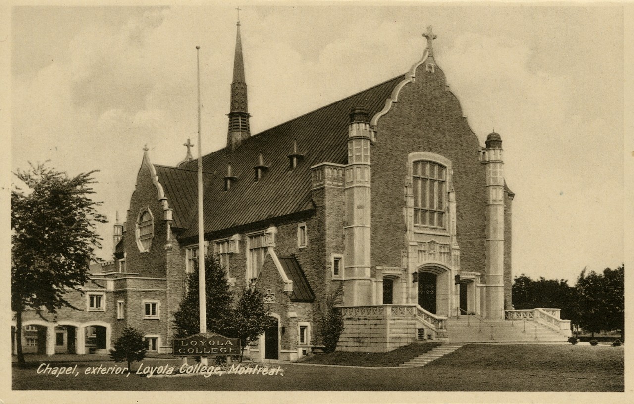Old black and white photo of the exterior of the Loyola Chapel, Loyola College