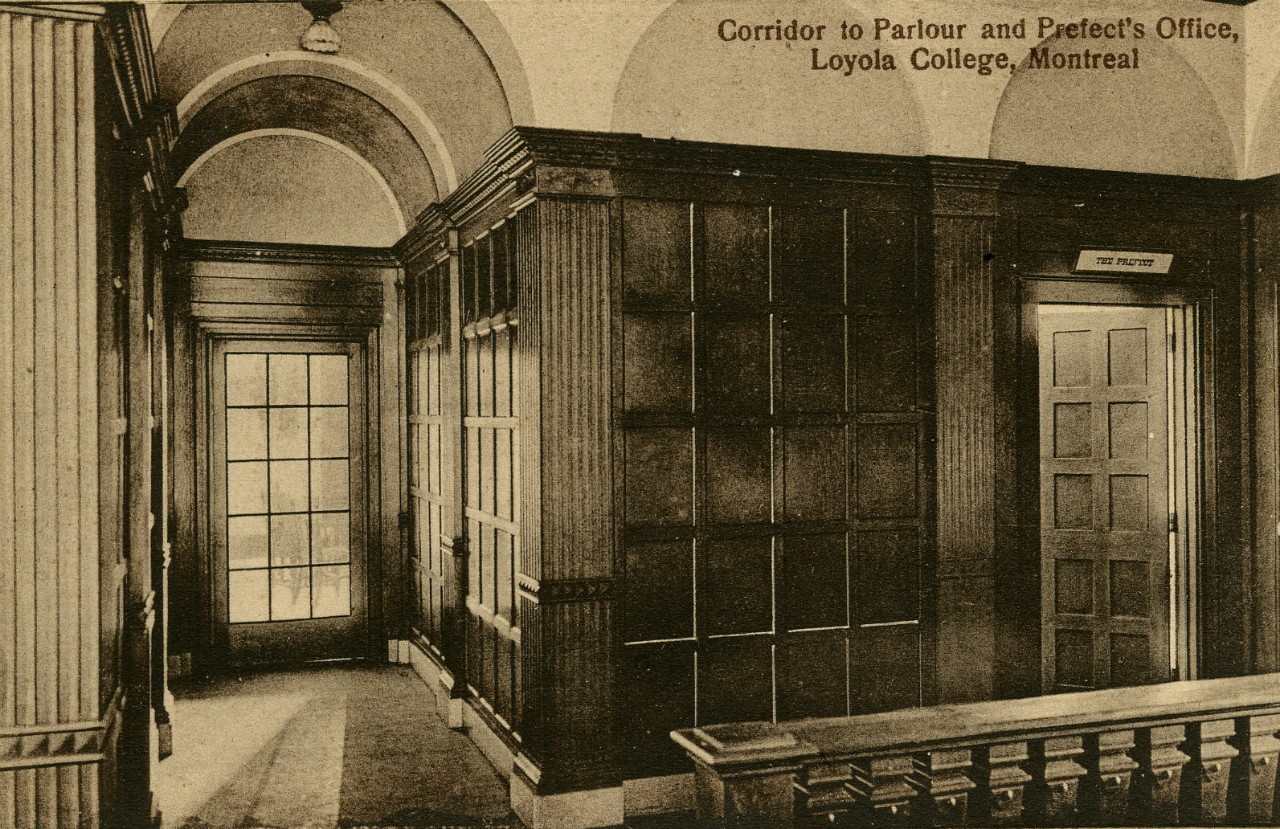 Old black and white photo of the corridor to Parlour and Prefect's Office, Loyola College