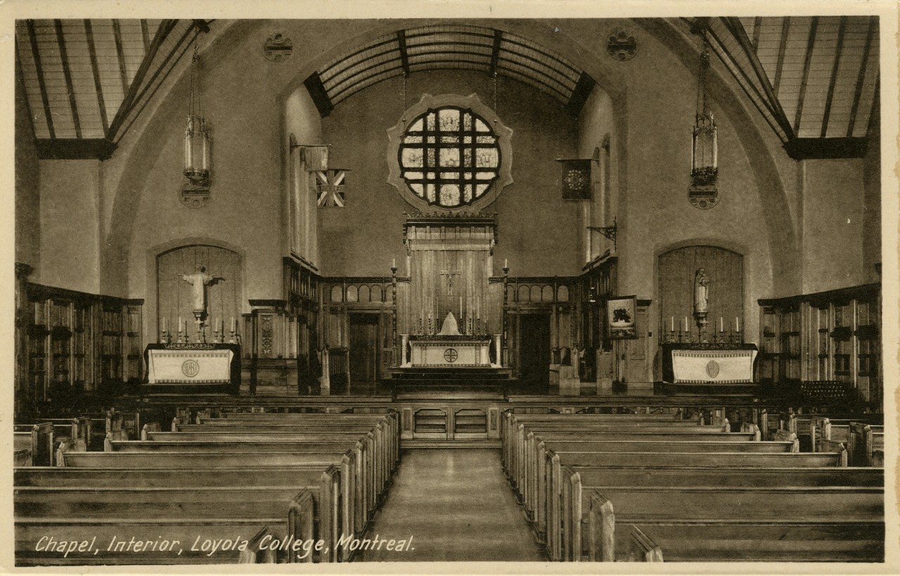 Old photo of the interior of the Loyola Chapel at Loyola College