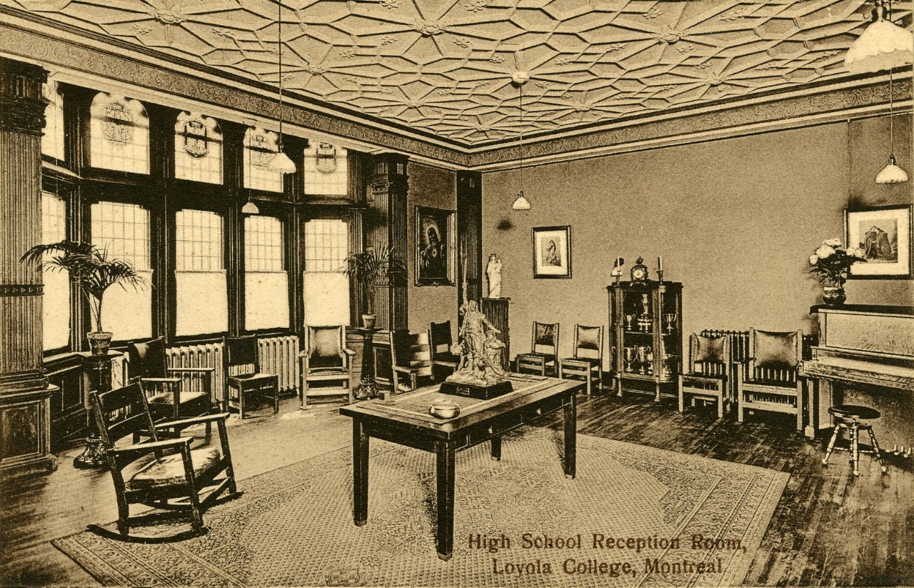 Old black and white photo of the high school reception room, Loyola College