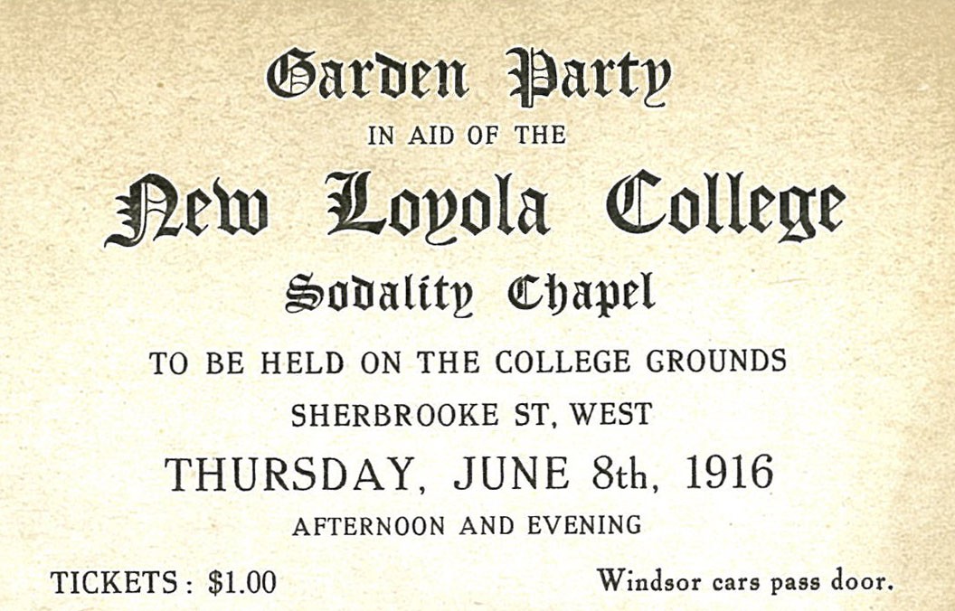 Image of old advertisement of a garden party to aid the New Loyola College from 1916