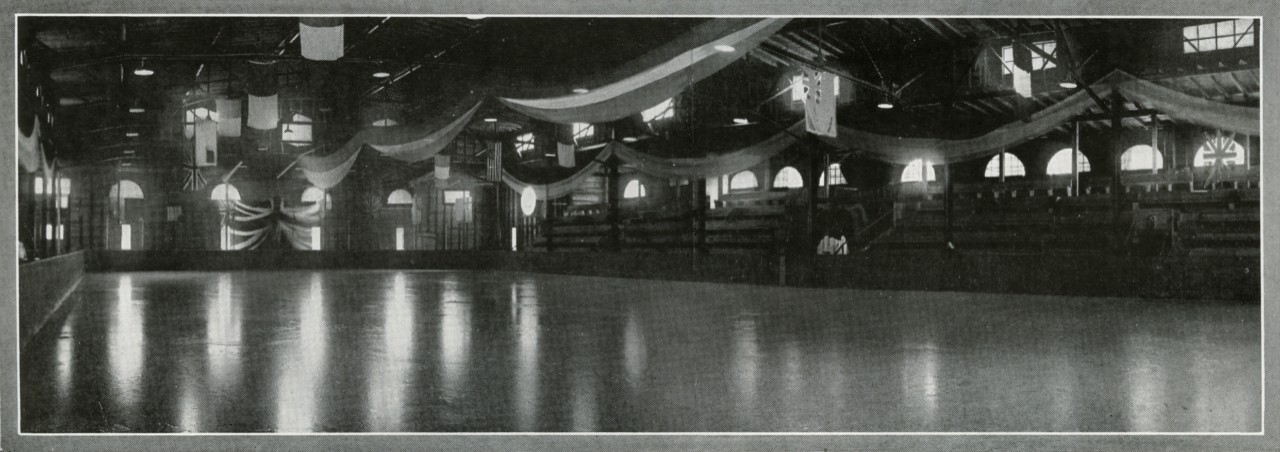 Old black and white photo of the interior of the rink built at Loyola College from Loyola College Review, 1924