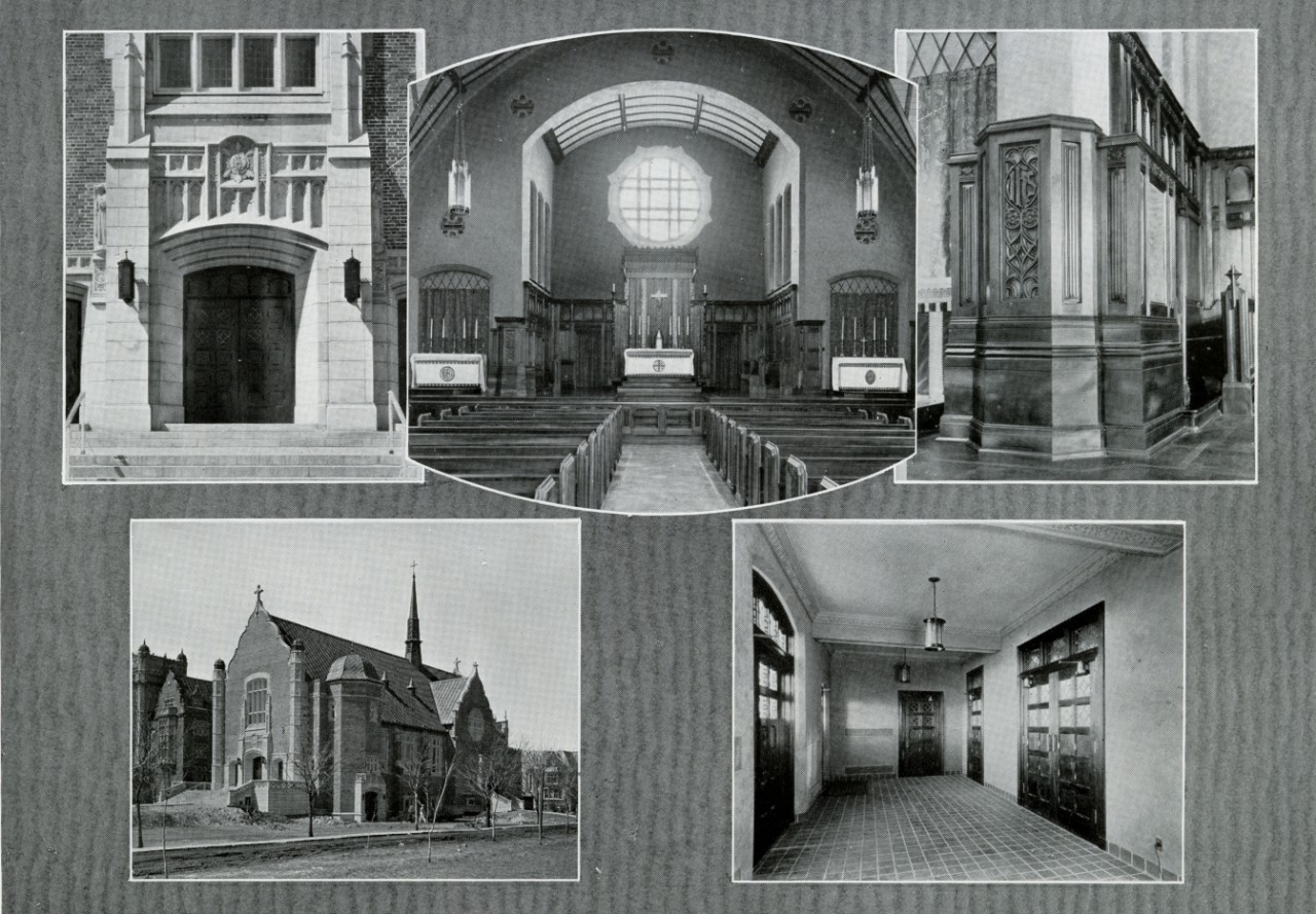 Old black and white photo collage of the interior and exterior of a chapel that was blessed and opened in 1933 on Loyola College.