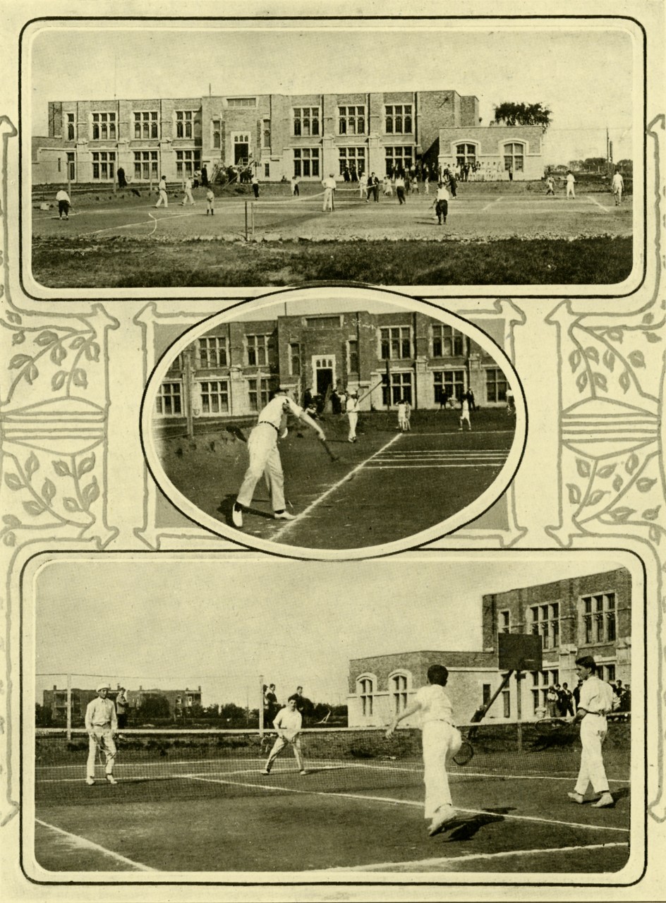 Old black and white photo of a group of men dressed in white playing tennis from Loyola College Review, 1918