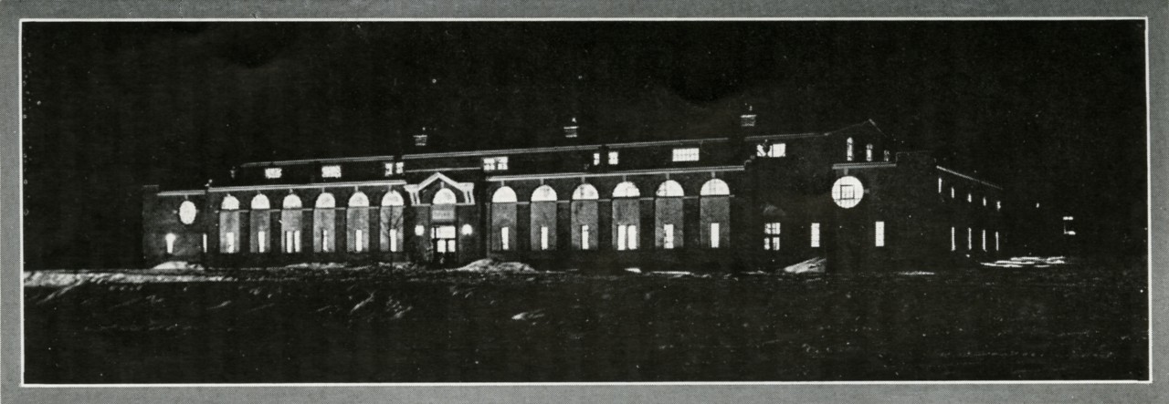 Old black and white photo of the rink at Loyola College at night from the Loyola College Review, 1924