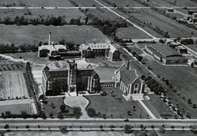 Old black and white aerial view photo of Loyola College from the Loyola College Review, 1934