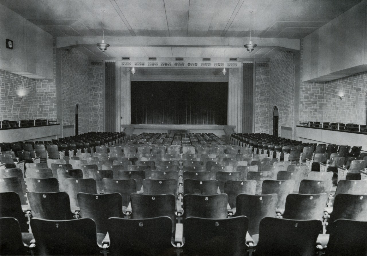 Old black and white photo of the completion of the F.C. Smith Auditorium in 1934