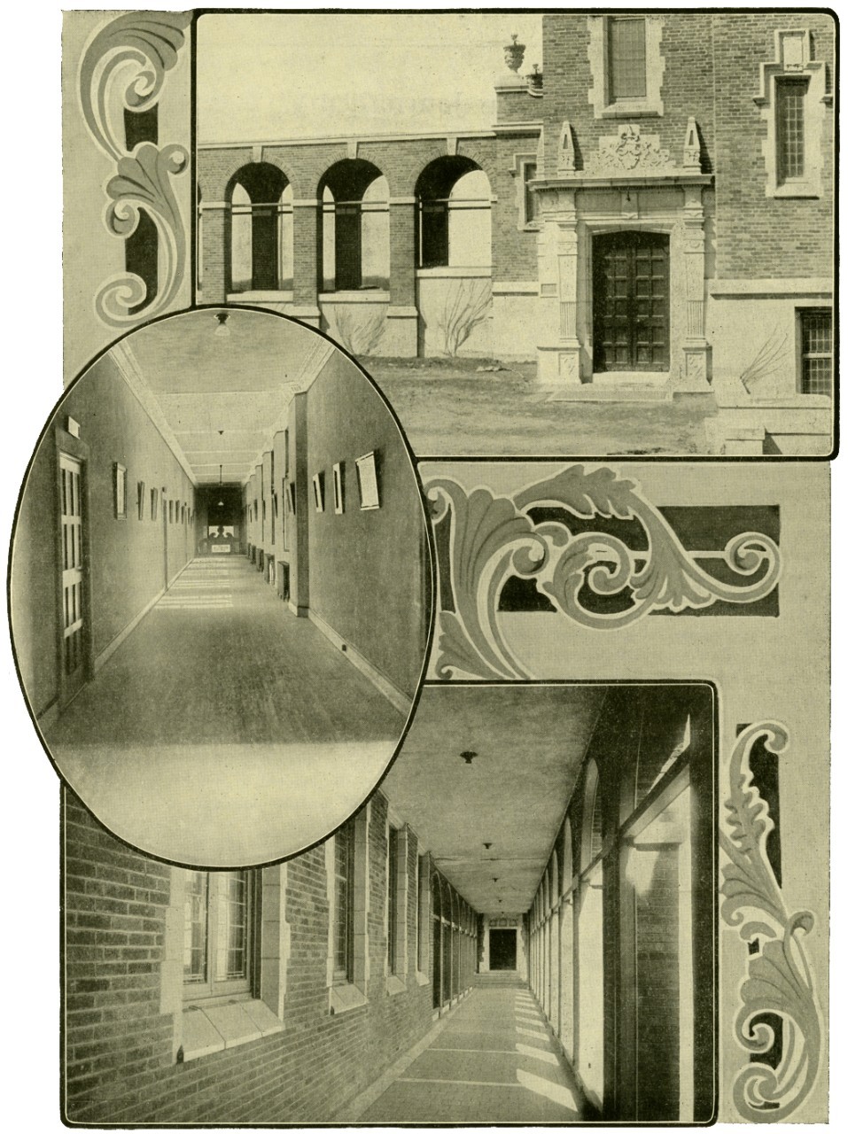 Old black and white photo collage of hallways and entranceways of a building from Loyola College Review, 1919