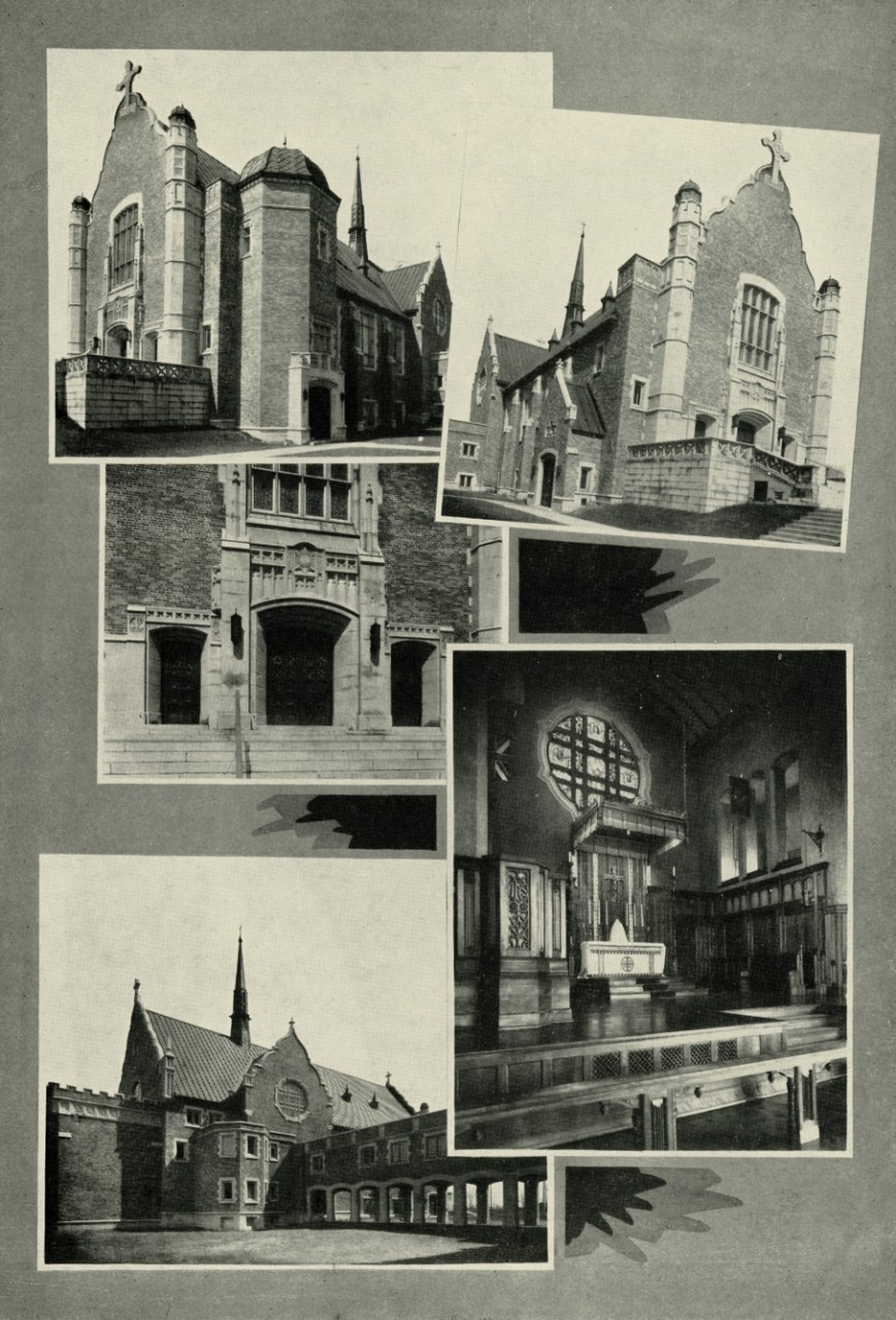 Old black and white collage photo of the interior and exterior of the Loyola Chapel from the Loyola College Review, 1936