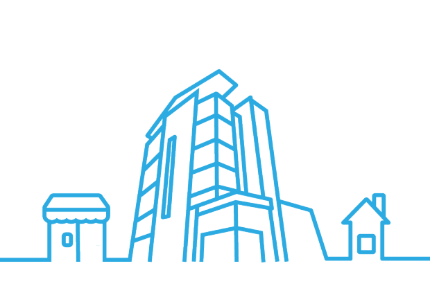 A minimalist blue line sketch of a building.