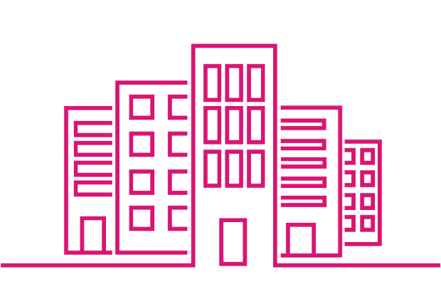 A pink line drawing of a city building, showcasing its architectural details and vibrant color scheme.