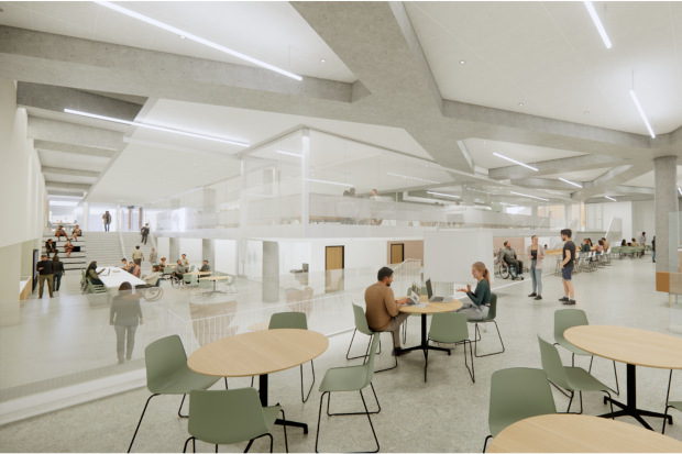 Rendering of a renovated FG Building basement showing flexible seating areas, study tables and a glass-enclosed space, with students and other building users throughout the space.
