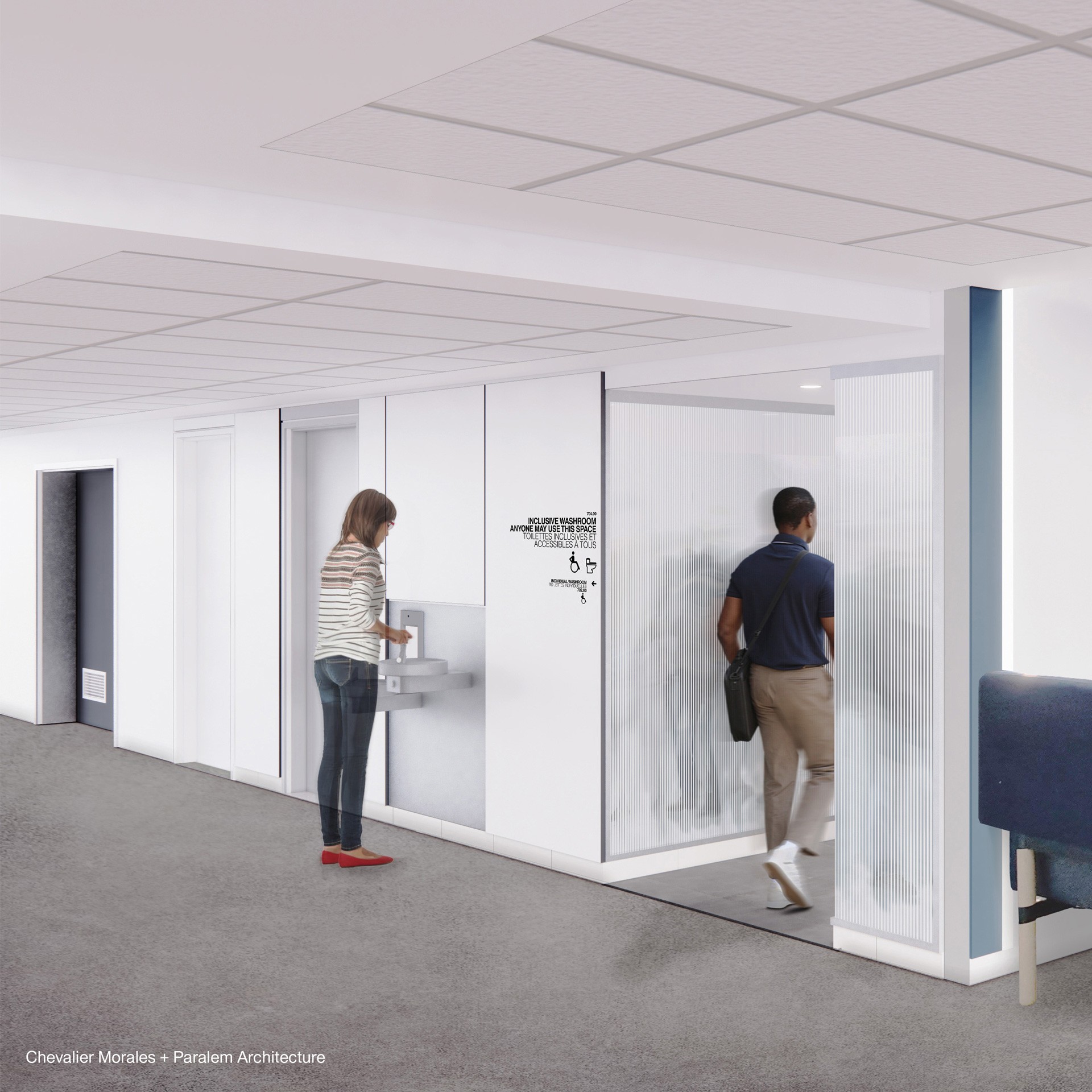 A person enters the Hall Building 7th floor inclusive washroom while another person enters an office adjacent to the washrooms.