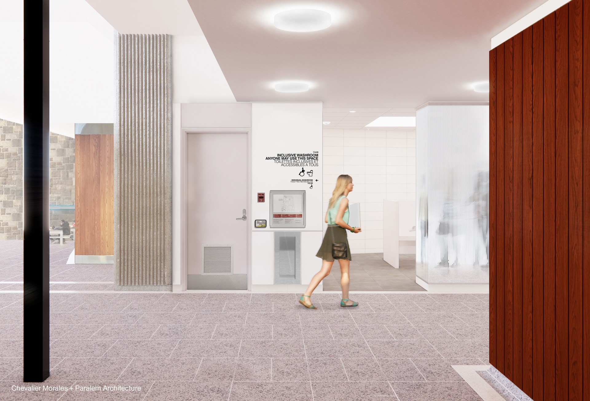 A person walks towards the Hall Building 1st floor inclusive washrooms.