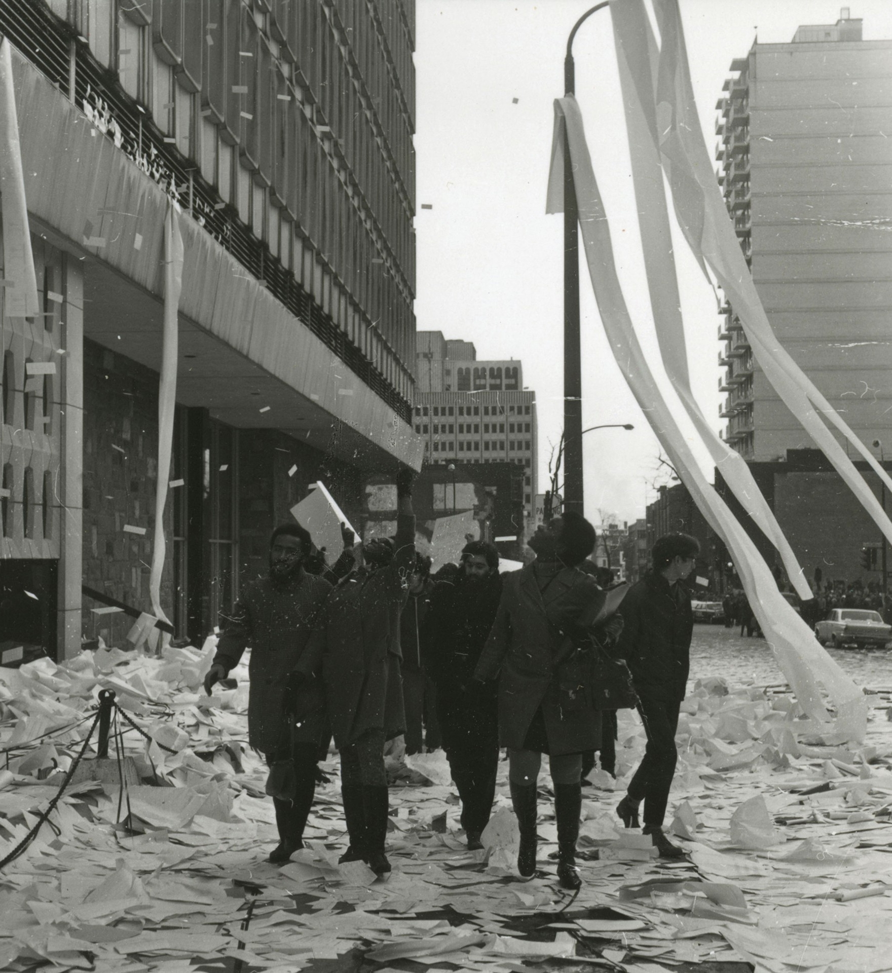 Students protesting outside of the Concordia Hall building in downtown Montreal.