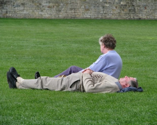 A senior couple relaxing on a grassy lawn