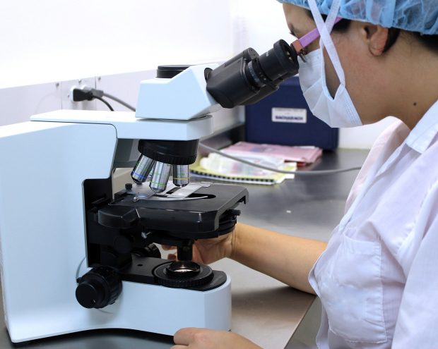 A researcher looking into a microscope