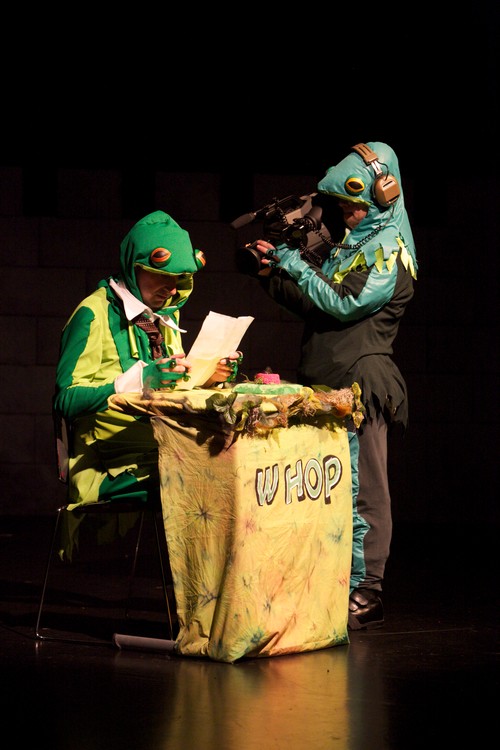 A news broadcast scene from The Frog & the Princess: A Musical Ecodrama