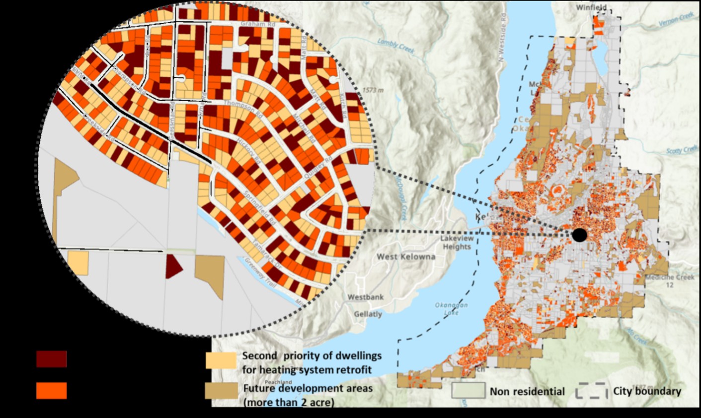 A magnified map area with spatial classification of buildings and priority of heating system retrofit