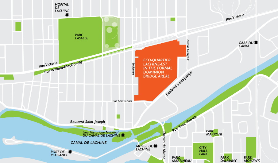 Map of Eco-quartier Lachine-Est A map showing the Eco-quartier Lachine-Est site located north of the Lachine canal