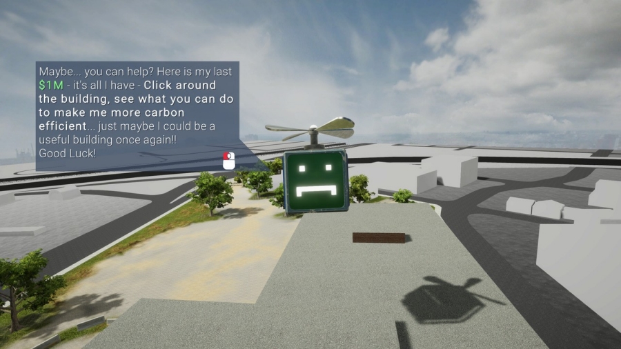 A flying robot character on the opening screen of the Future City Playgrounds gamification platform