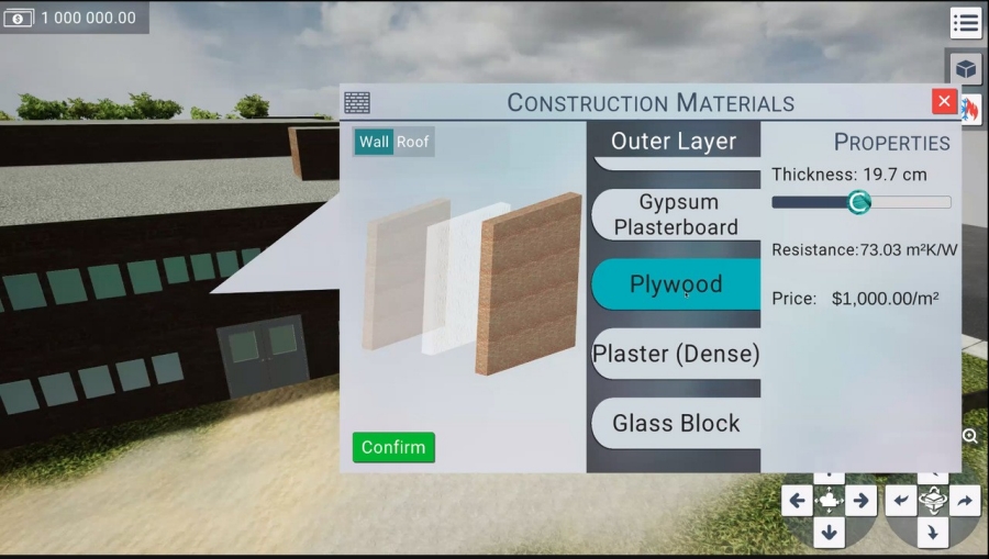 Game visuals: selecting wall layer materials A screen in the game where a player is presented with options to select wall layer materials