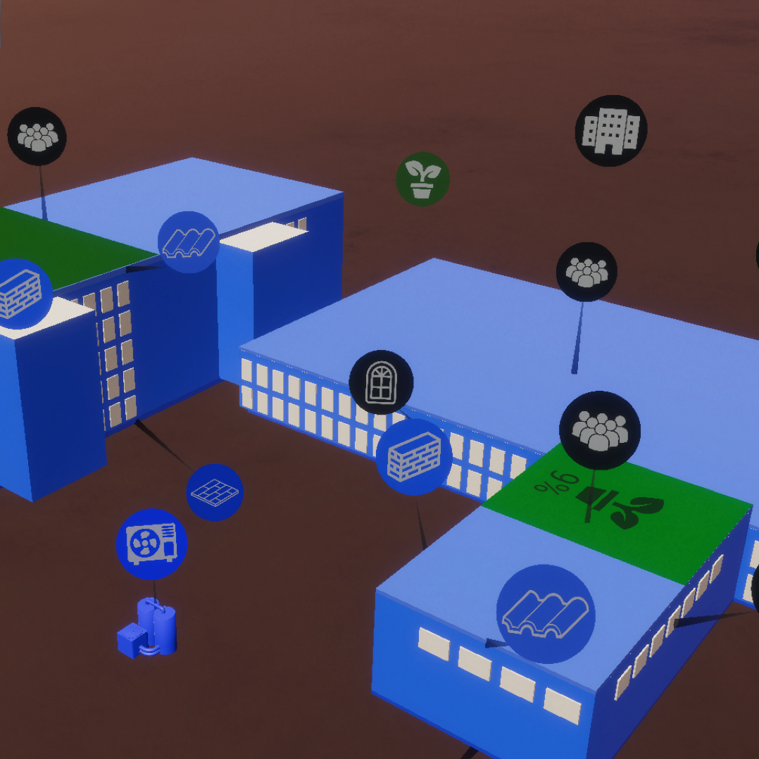 An abstract 3D simulation of a building retrofit process, depicted in a digital interface. The visual shows stylized, simplified blue buildings with green rooftop spaces. Iconography floating around the buildings includes leaves symbolizing eco-friendliness, energy efficiency graphs, and solar panel representations.
