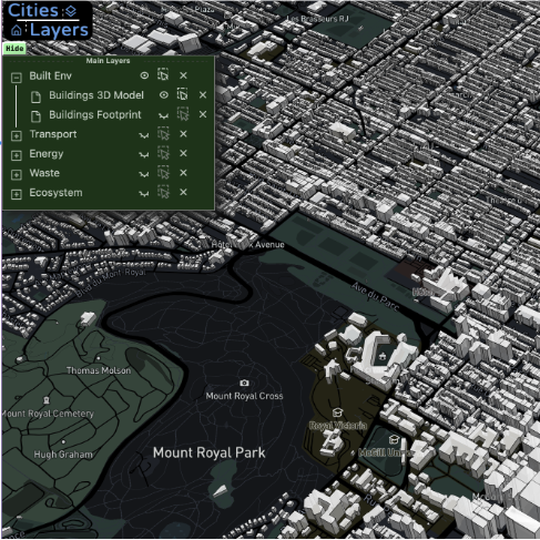 A detailed 3D model visualization of an urban area with numerous buildings, roads and green spaces. 