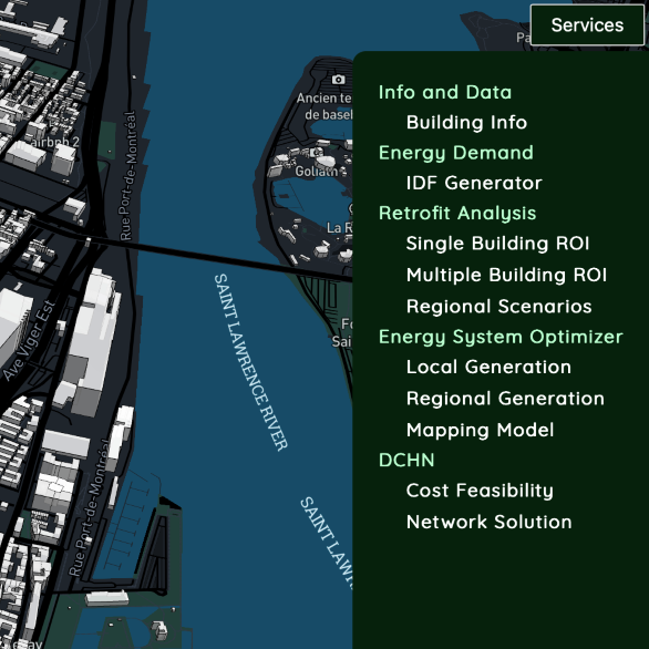 A detailed 3D model visualization of an urban area with various layers indicating different aspects of the built environment. It features a services menu with options such as 'Building Info', 'Energy Demand' and 'Network Solution'.