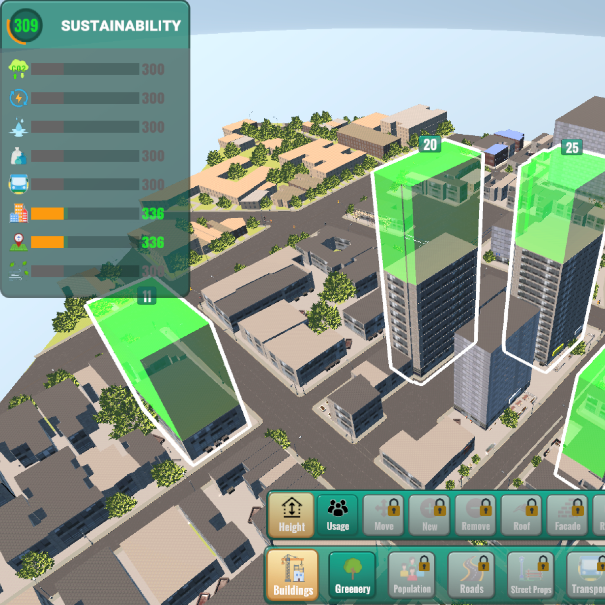 An interactive city planning simulation interface. The screenshot shows a three-dimensional urban layout with various buildings. A sidebar titled 'SUSTAINABILITY' displays metrics like energy, water and waste with corresponding values.