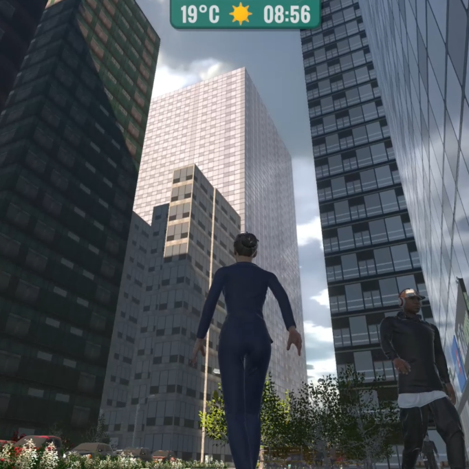 This is an image from a city-building simulation video game. The perspective is from a player character standing on a city street looking up towards towering skyscrapers under a partly cloudy sky. 