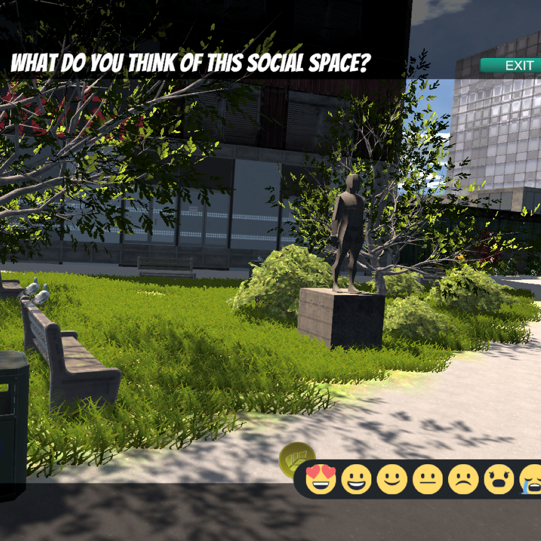 This is an image from a video game simulation displaying an interactive social space in an urban environment. The viewpoint shows a small park area with benches, lush green grass, and a statue on a pedestal. Text on the screen asks, 'WHAT DO YOU THINK OF THIS SOCIAL SPACE?'