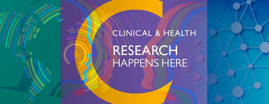 A green, purple, blue and yellow banner which reads: Clinical and Health research happens here 
