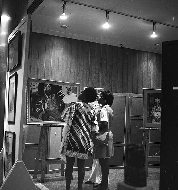 Leon Llewellyn, Interior view of Quebec Black Weeks Festival art  exhibition, Mezzanine level of Hall building, Sir George Williams  University, 1974