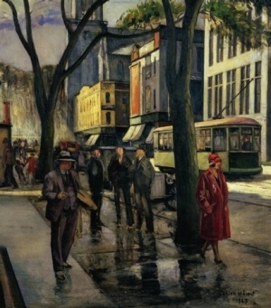 Detail, Adrien Hébert, La Rue Saint-Denis, 1927 (Photo : Musée national des beaux-arts du Québec)