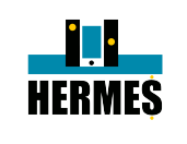 logo of the HERMES research team - the name is written in black and above it, a design representing a phone in blue, black, white and yellow