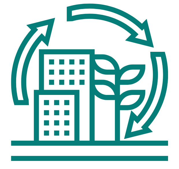 A detailed 3D model visualization of an urban area with various layers indicating different aspects of the built environment. It features a services menu with options such as 'Building Info', 'Energy Demand' and 'Network Solution'.