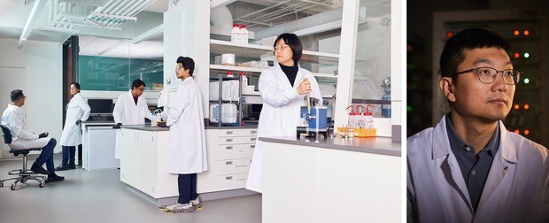 At left: Associate professor Xia Li (right) working in the C2ET lab with research trainees. Right: Assistant professor Sixu Deng. | Photos: Rodolphe Beaulieu. | Production: Le Quartier.