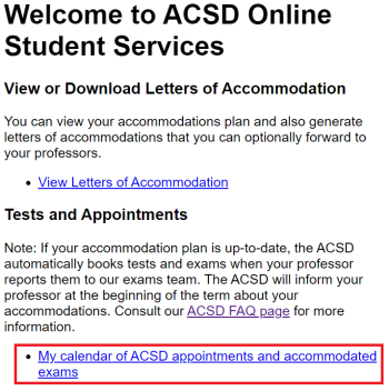 Screenshot of ACSD portal: My calendar link highlighted
