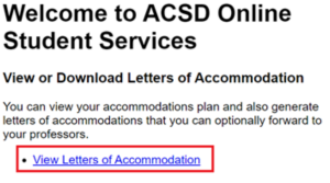 Screenshot of ACSD portal: View or Download Letters of Accommodation