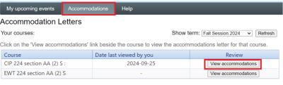 Screenshot of ACSD portal: List of active courses and View Accommodations button