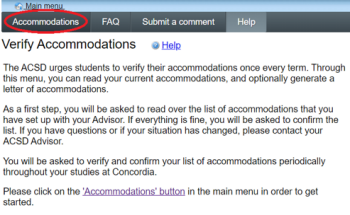 A screenshot of the Verify your accommodations page. The menu item "Accommodations" is circled.