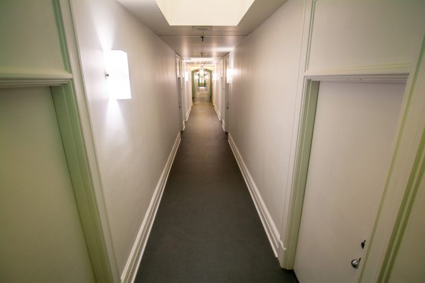 Looking west along a corridor on the second floor of the Grey Nuns residence.