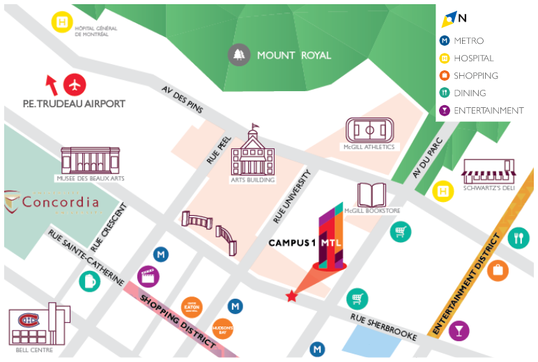Map showing the location of CAMPUS1 MTL in downtown Montreal Map showing the location of CAMPUS1 MTL in downtown Montreal at 420 Sherbrooke St. W.