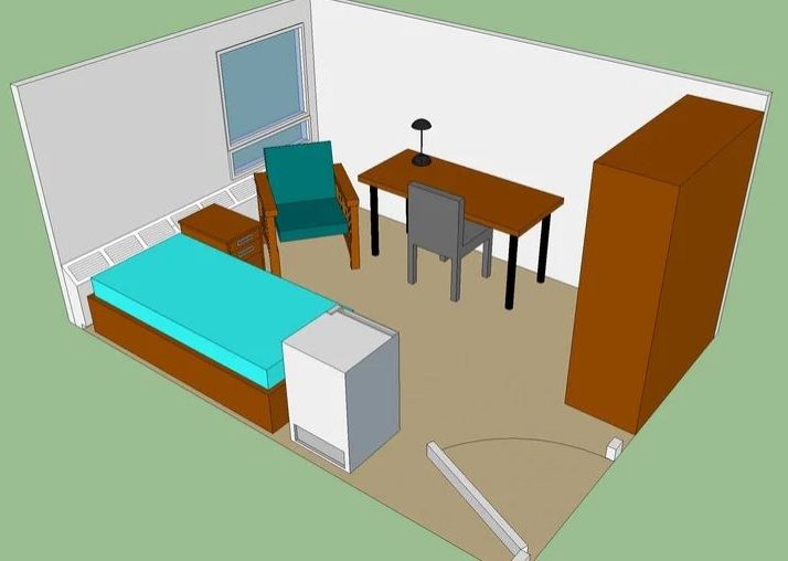 An illustrated model of a standard residence room at Concordia University's Hingston Hall
