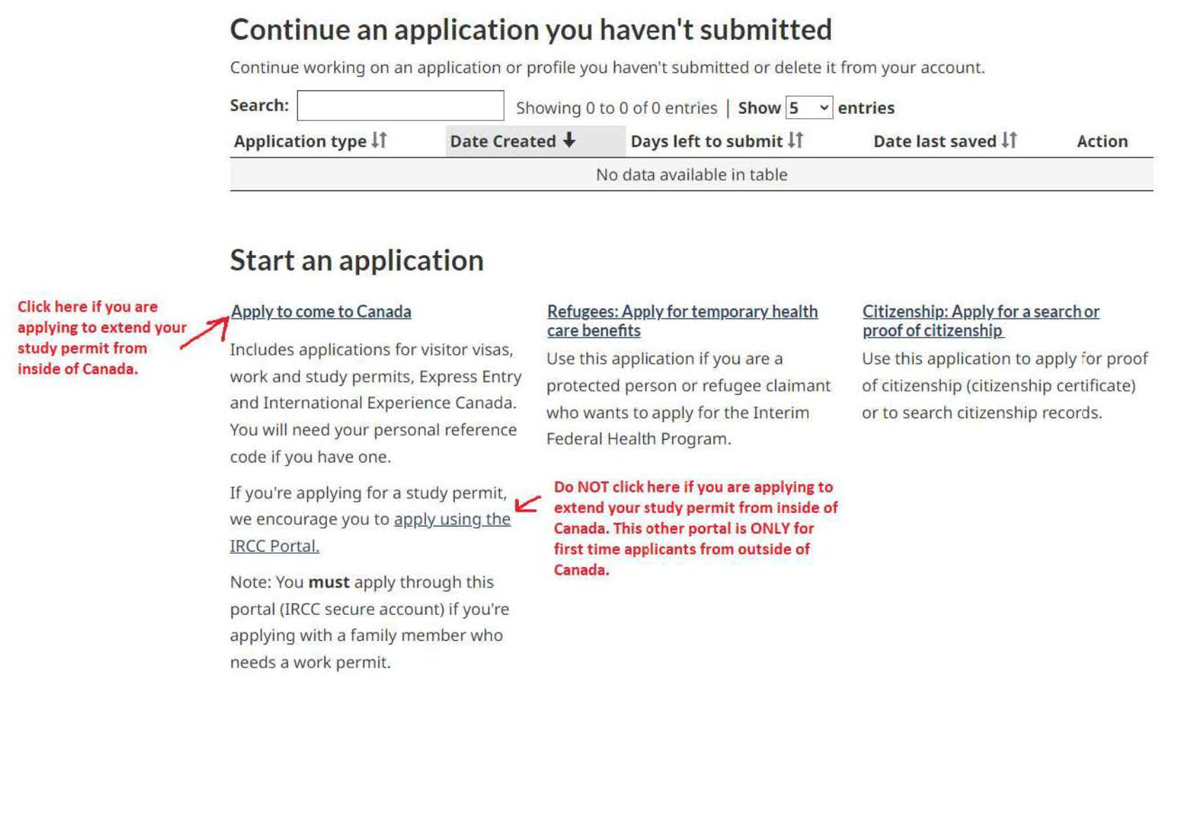 Government of Canada screenshot that shows you must use the link that lies under the heading "Start an application".